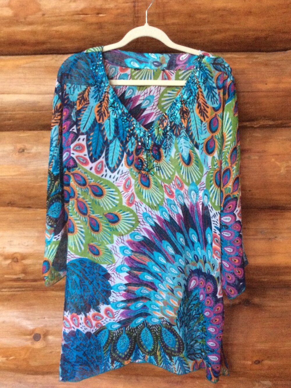 Double Decker Peacock Coverup Semi Sheer Beaded Embroidery Swim Beach Pool L/XL*